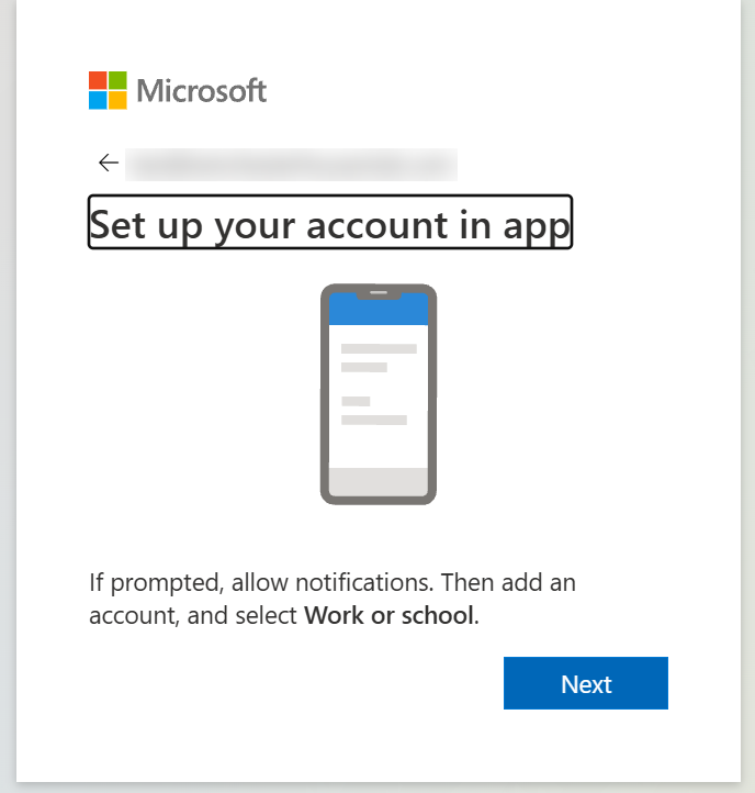 The Set up your account in app screen