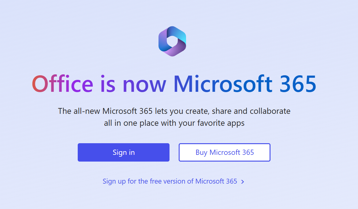 The Sign in button on the office.com page